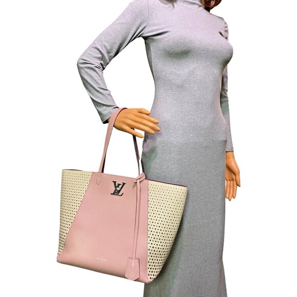 LOUIS VUITTON Calfskin Perforated Lockme Cabas Rose Poudre Bag Shoulder Tote - Picture 2 of 16